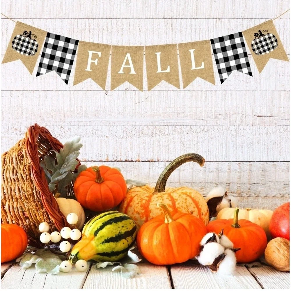 Fall Burlap Banner Buffalo Plaid Pumpkin Thanksgiving Garland 8.5ft Rustic Decor